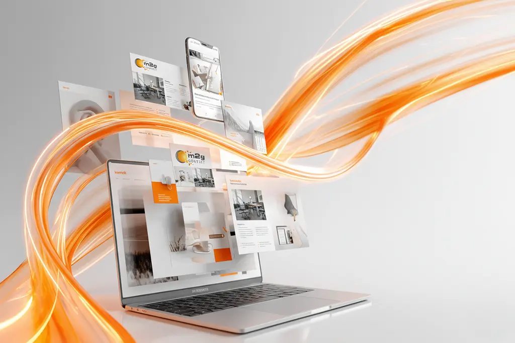 Visualisierung digitaler Kommunikation: Ein geöffnetes Laptop mit der Website der m2g GmbH auf dem Bildschirm, umgeben von schwebenden Screens und einem Smartphone, die Inhalte der Firma zeigen. Dynamische orange Lichtwellen symbolisieren vernetzte, moderne Technologie.